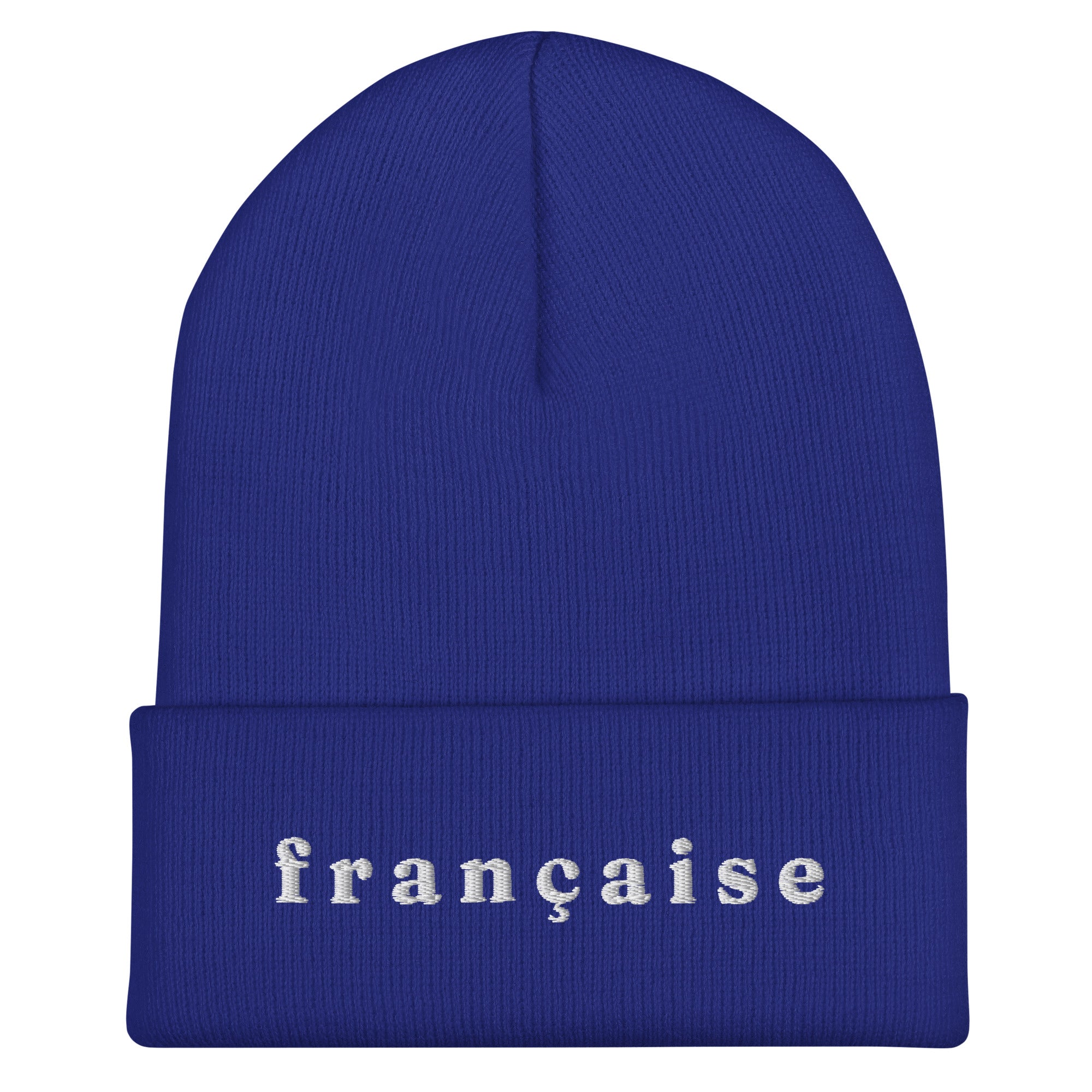 Royal blue knit cuffed beanie with white embroidered text "française" in lowercase serif font
