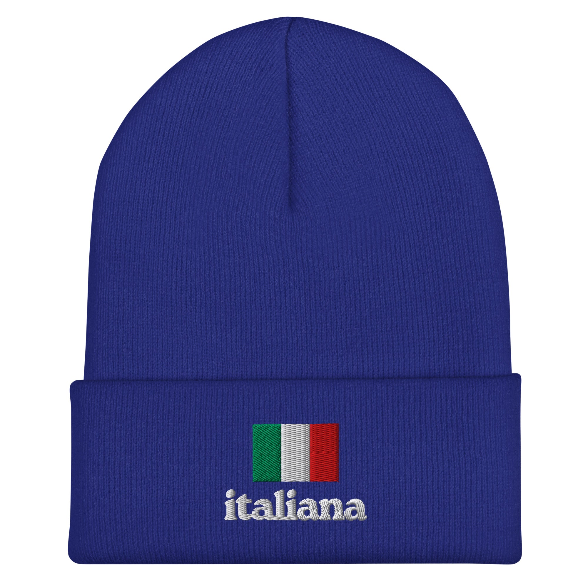 Royal blue knit cuffed beanie with embroidered Italian flag in green, white, and red colors above white embroidered text "italiana" in lowercase font