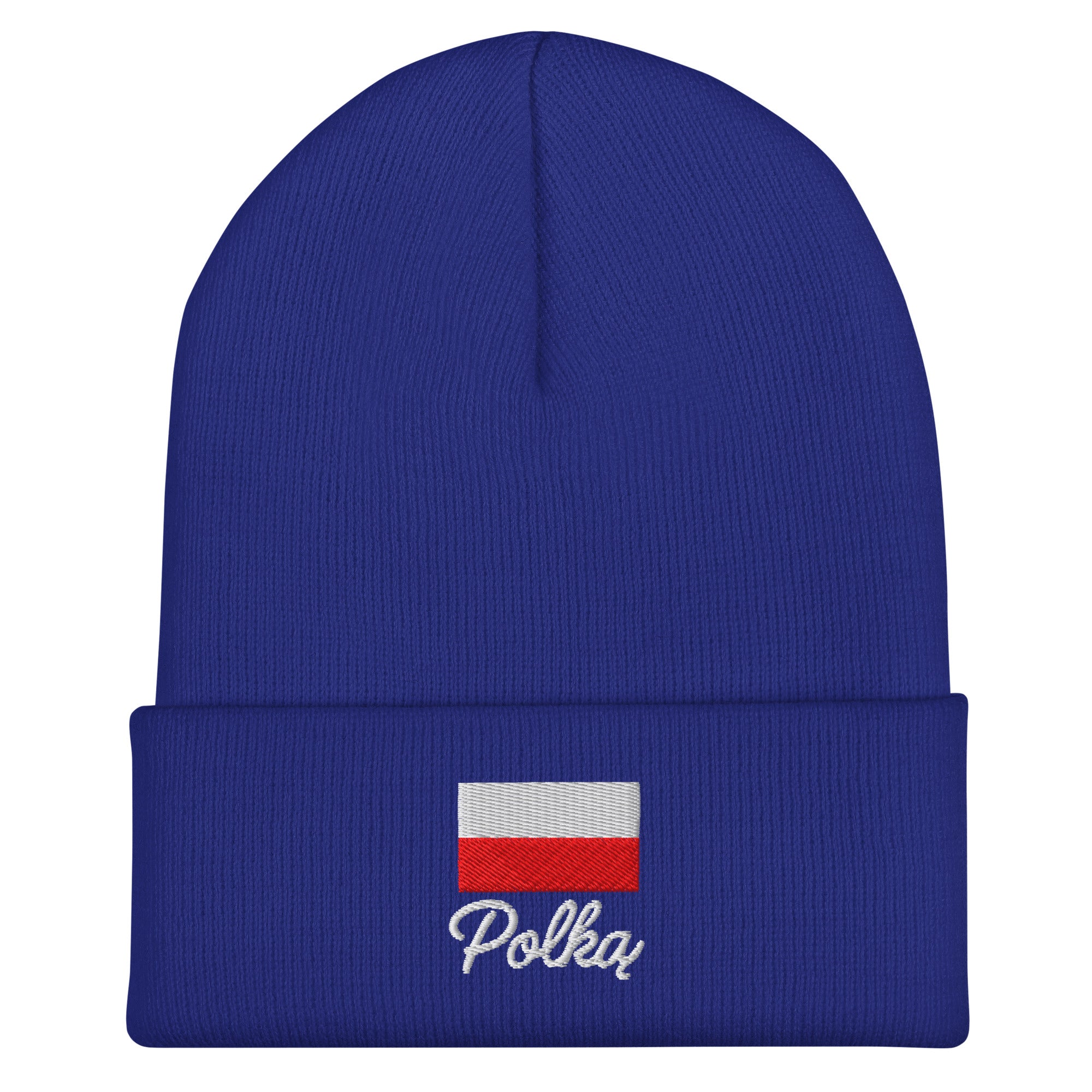 Royal blue knit cuffed beanie with embroidered Polish flag in white and red colors above white embroidered text "Polka" in script font