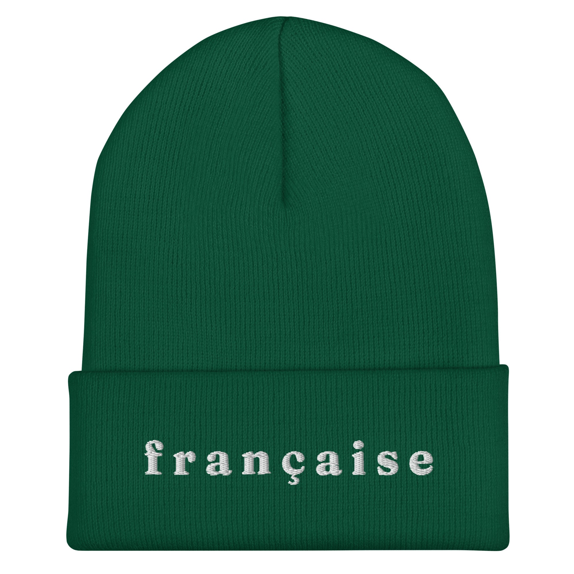 Forest green knit cuffed beanie with white embroidered text "française" in lowercase serif font