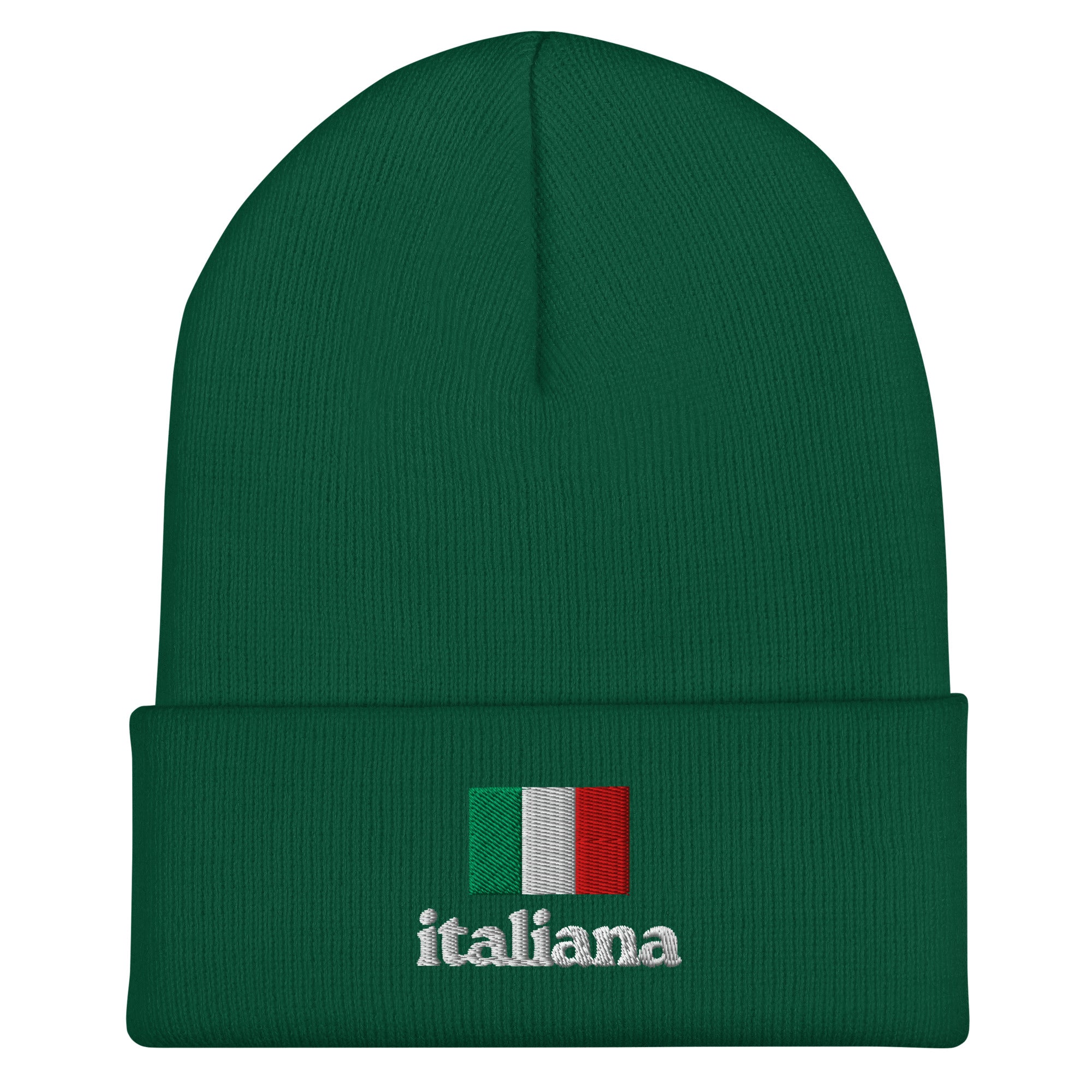 Green knit cuffed beanie with embroidered Italian flag in green, white, and red colors above white embroidered text "italiana" in lowercase font