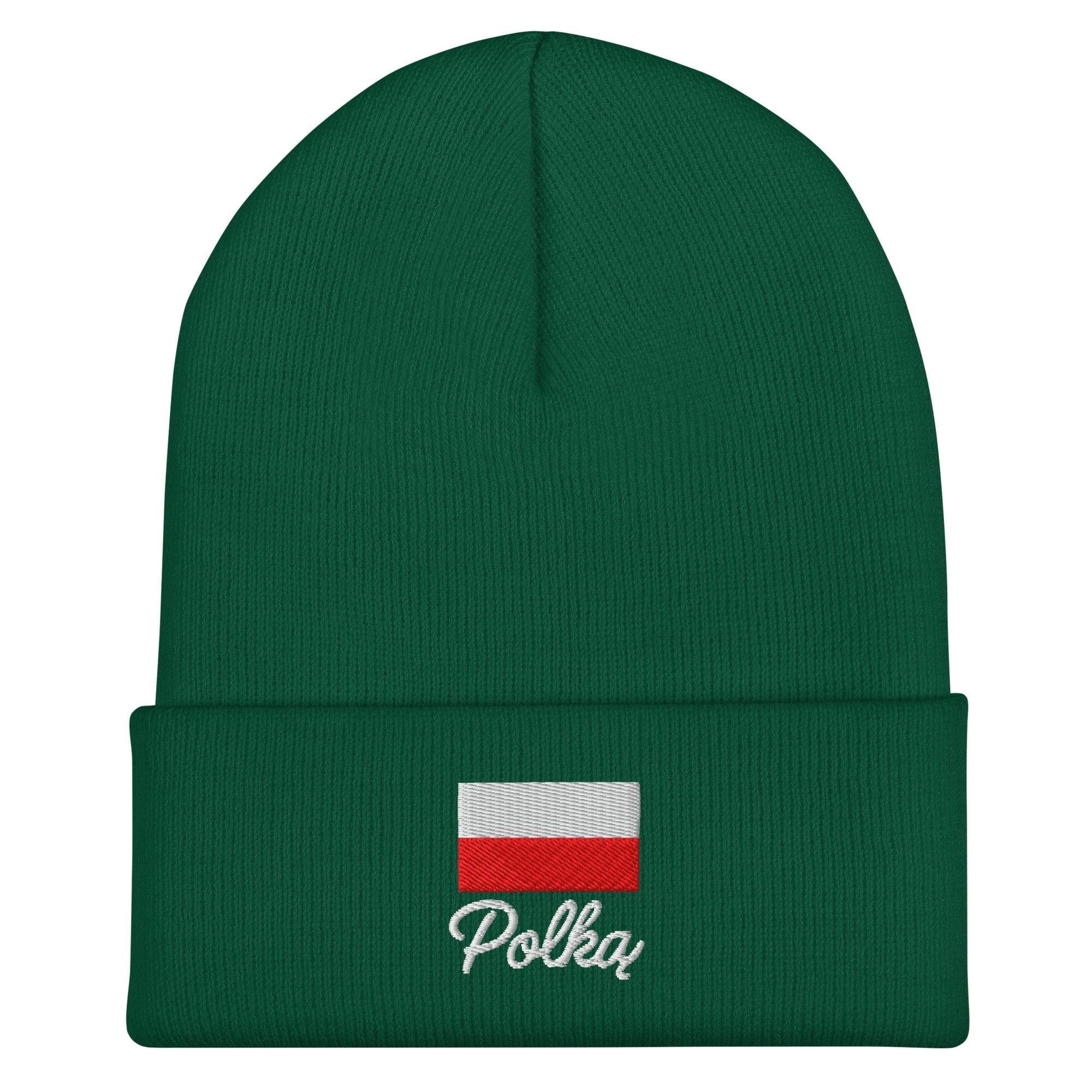 Green knit cuffed beanie with embroidered Polish flag in white and red colors above white embroidered text "Polka" in script font