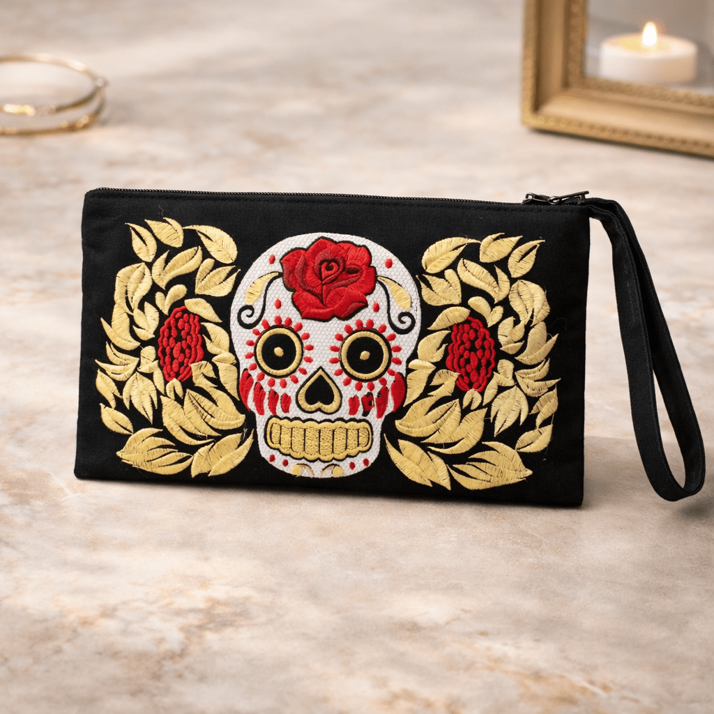 Culturas Embroidered Sugar Skull Wristlet - Thailand Bags La Vie Bien Culturas Embroidered Sugar Skull Wristlet - Thailand