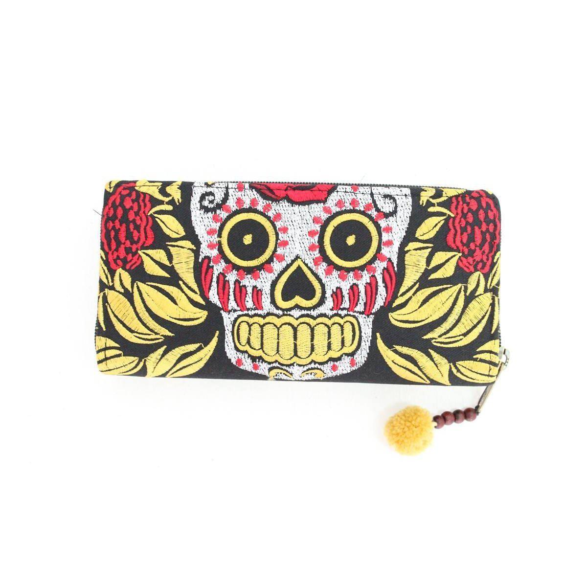 Culturas Sugar Skull Day of the Dead Embroidered Wallet - Thailand Wallets La Vie Bien Culturas Sugar Skull Day of the Dead Embroidered Wallet - Thailand