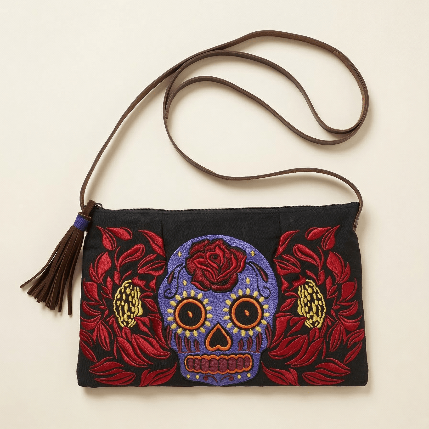 Culturas Sugar Skull Embroidered Crossbody Bag Boho Artisan Shoulder Bag Fair Trade - Thailand Bags La Vie Bien Culturas Sugar Skull Embroidered Crossbody Bag Boho Artisan Shoulder Bag Fair Trade - Thailand