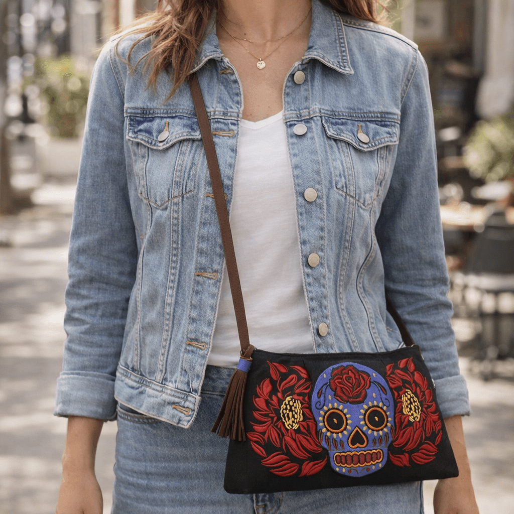 Culturas Sugar Skull Embroidered Crossbody Bag Boho Artisan Shoulder Bag Fair Trade - Thailand Bags La Vie Bien Culturas Sugar Skull Embroidered Crossbody Bag Boho Artisan Shoulder Bag Fair Trade - Thailand