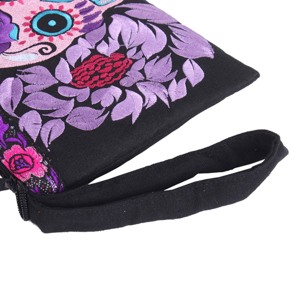 Culturas Sugar Skull Embroidered Wristlet with Flower Trim - Thailand Bags La Vie Bien Culturas Sugar Skull Embroidered Wristlet with Flower Trim - Thailand