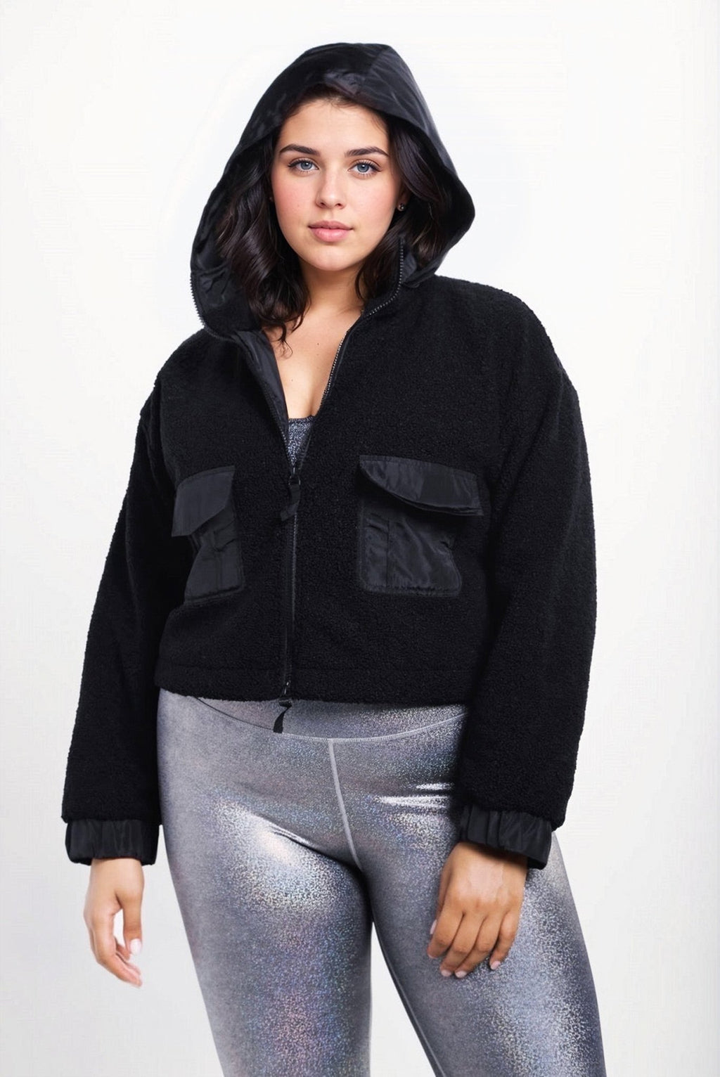 CURVY Sherpa Dreams Cropped Hooded Jacket Jacket La Vie Bien CURVY Sherpa Dreams Cropped Hooded Jacket