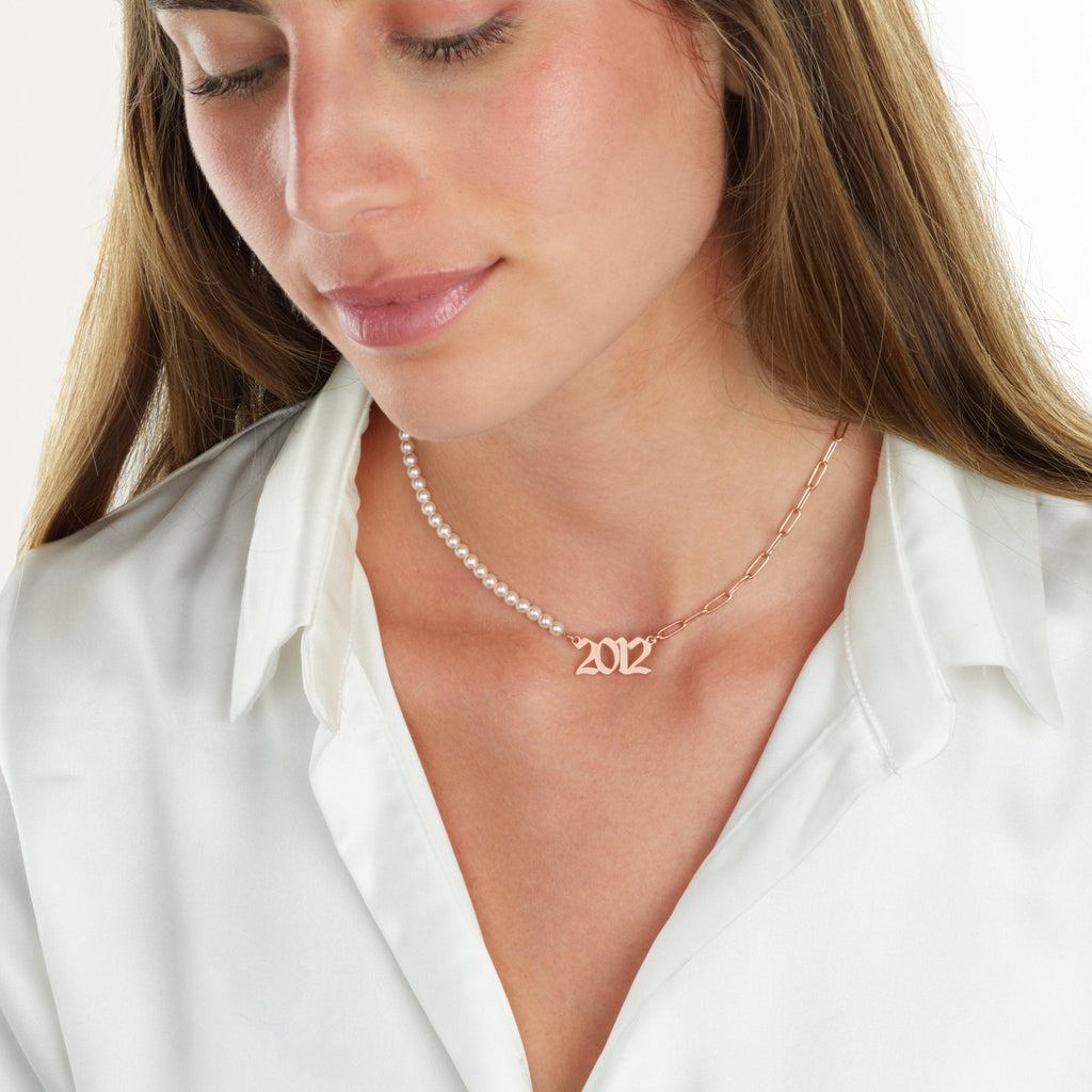 Custom Birth Year Half Pearls Half Paperclip Necklace La Vie Bien Custom Birth Year Half Pearls Half Paperclip Necklace