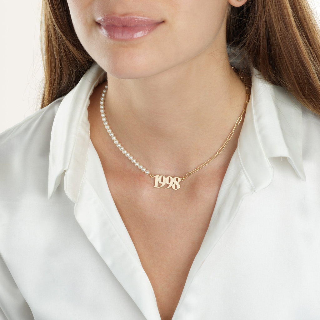 Custom Birth Year Half Pearls Half Paperclip Necklace La Vie Bien Custom Birth Year Half Pearls Half Paperclip Necklace