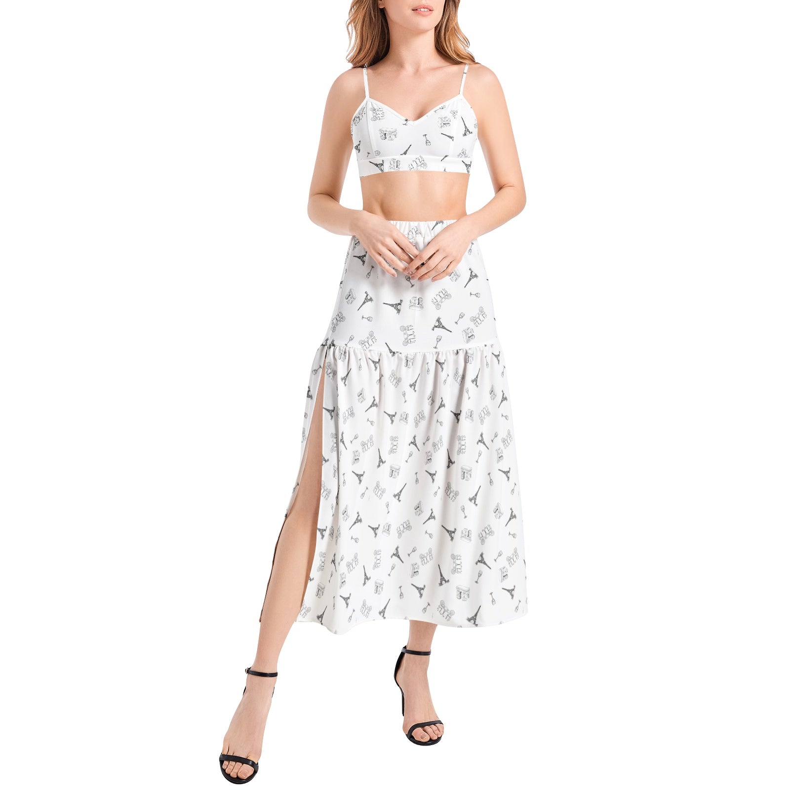 Parisian Dreams Bralette Top and High Slit Thigh Skirt Set with Eiffel Tower, Arc de Triomphe, wine glasses, and bistro table with chairs