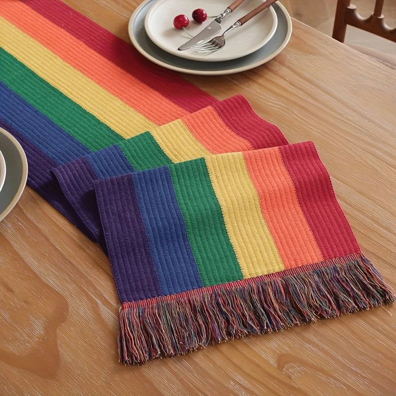 Rainbow Stripe Woven Table Runner With Colorful Fringe (3 sizes)