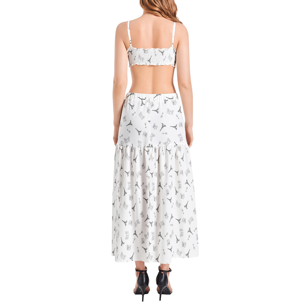 Parisian Dreams Bralette Top and High Slit Thigh Skirt Set with Eiffel Tower, Arc de Triomphe, wine glasses, and bistro table with chairs