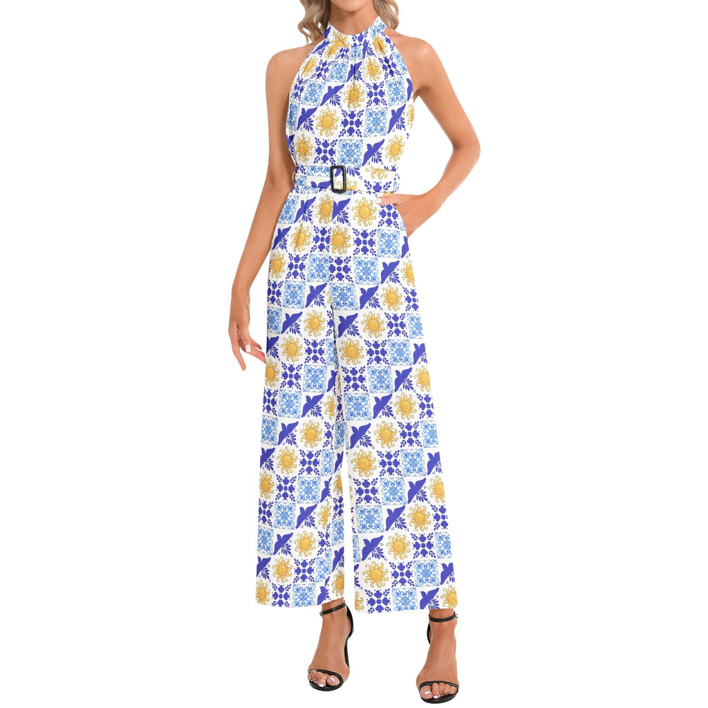 Talavera Sol blue and gold tile pattern Halter Neck Buckle Belted Jumpsuit, chic versatile outfit for everyday occasions