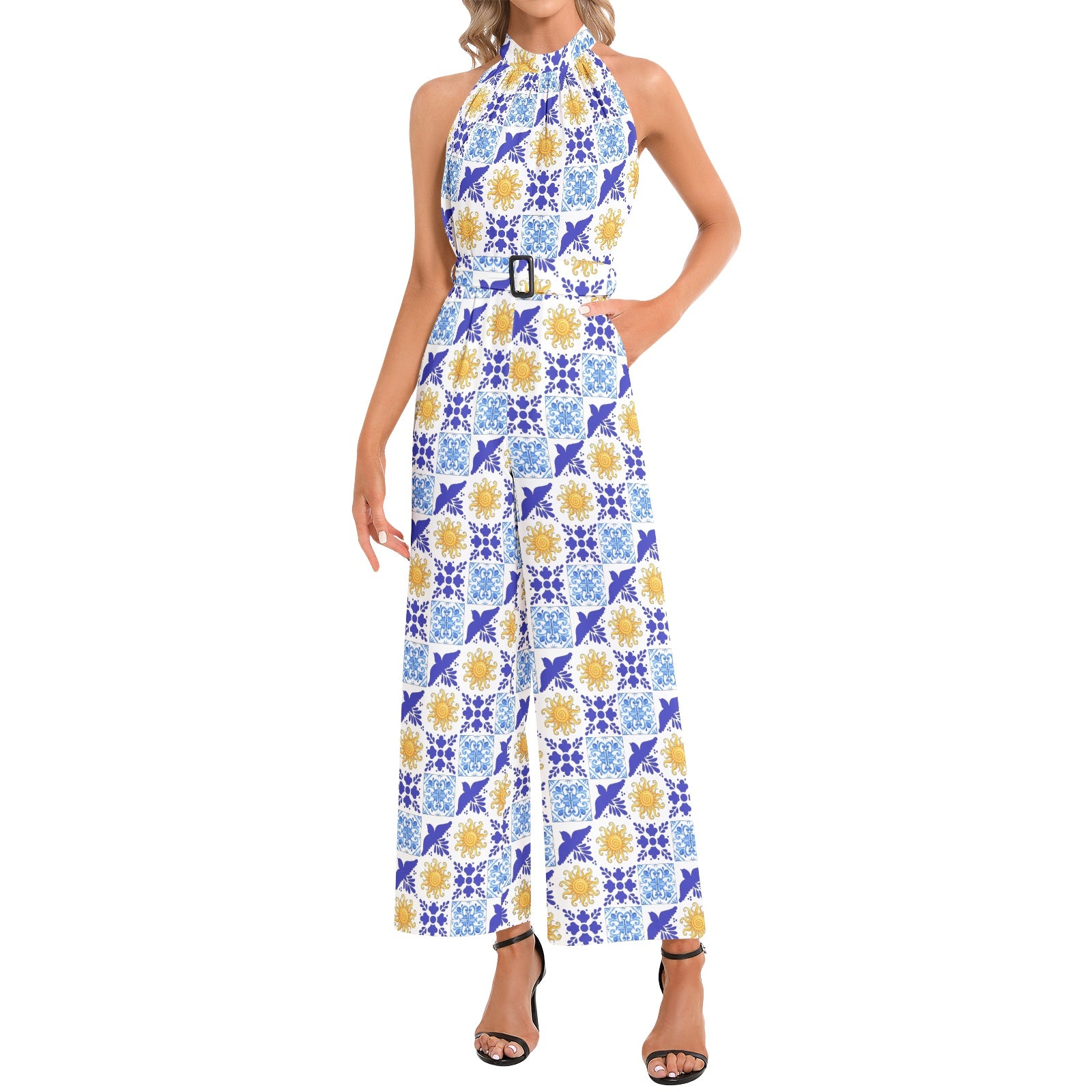 Talavera Sol blue and gold tile pattern Halter Neck Buckle Belted Jumpsuit, chic versatile outfit for everyday occasions