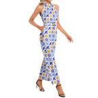 Talavera Sol blue and gold tile pattern Halter Neck Buckle Belted Jumpsuit, chic versatile outfit for everyday occasions