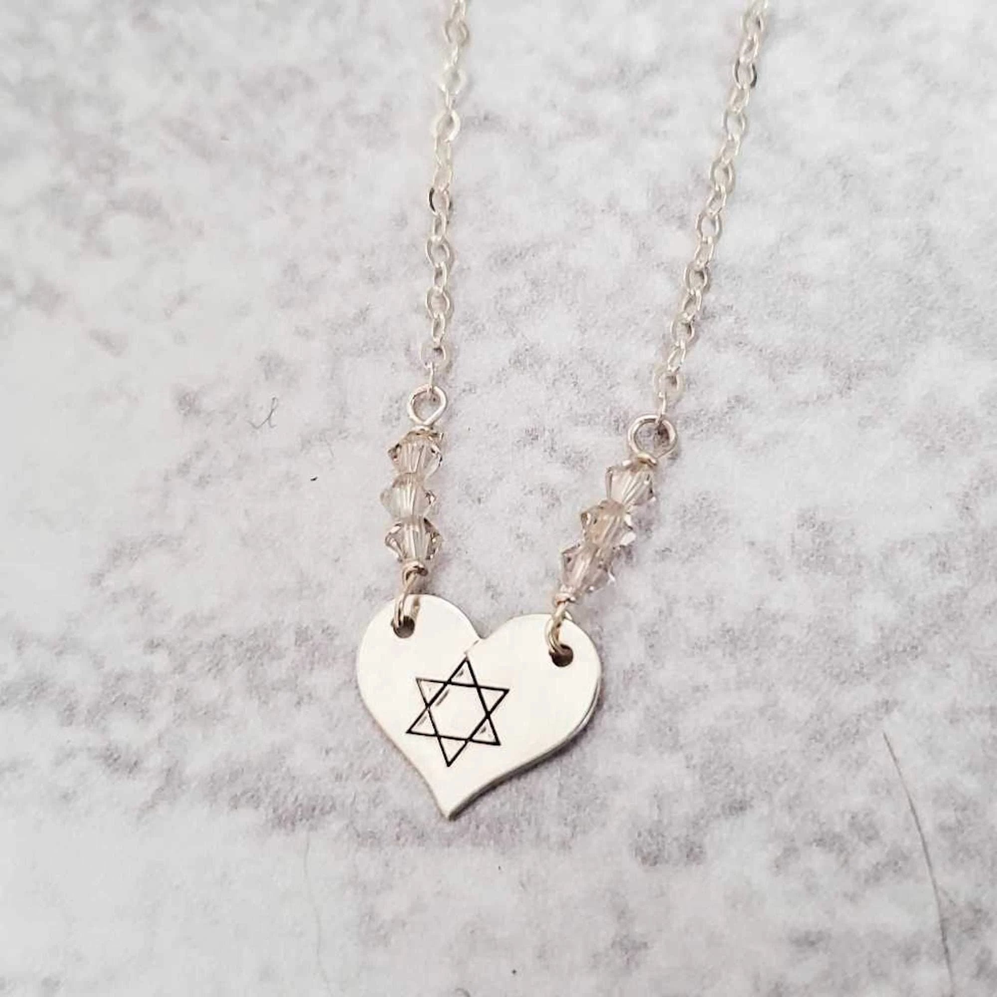 Dainty Star of David Gold Heart Necklace with Austrian Crystals by Salt Sparkle Shalom