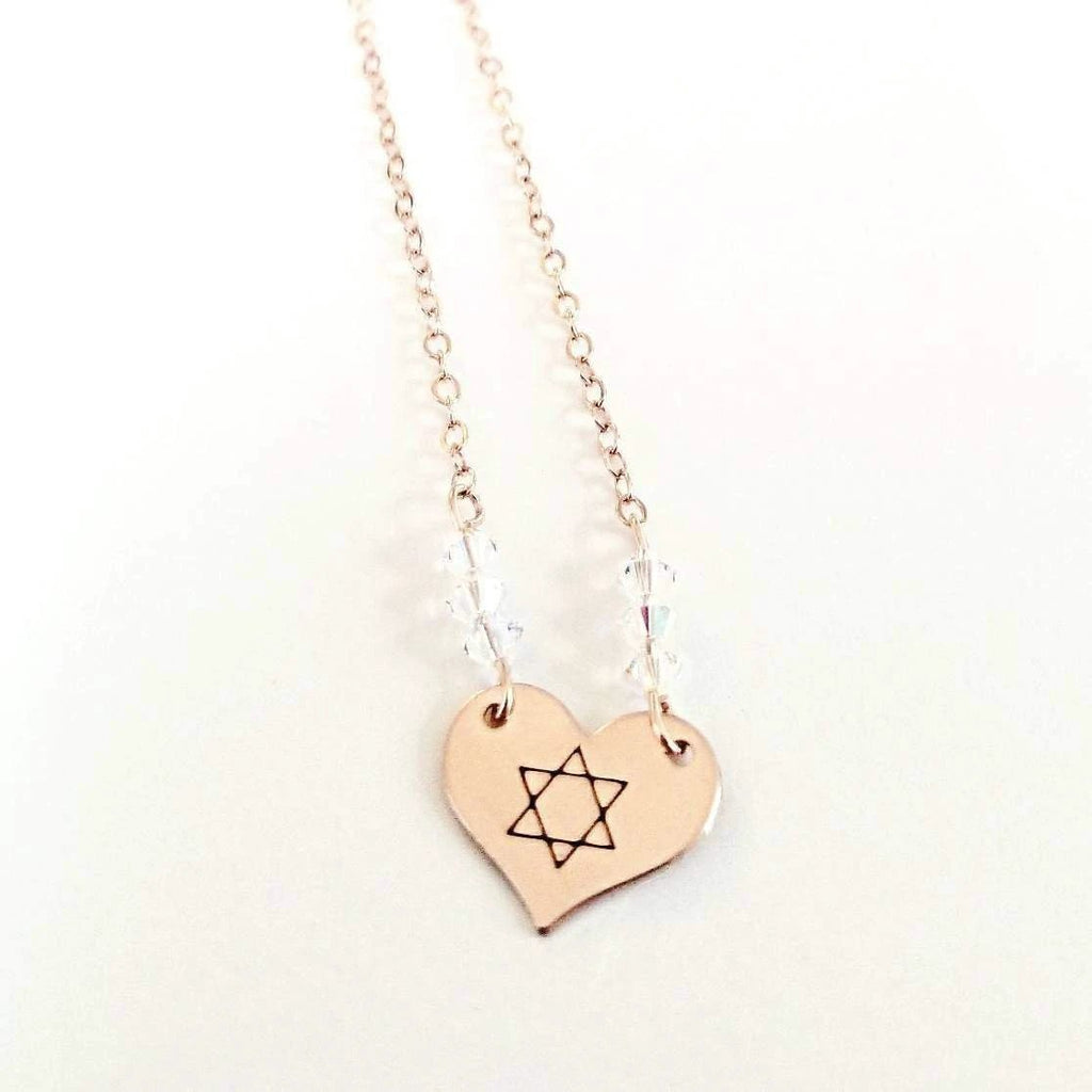 Dainty Star of David Gold Heart Necklace with Austrian Crystals by Salt Sparkle Shalom