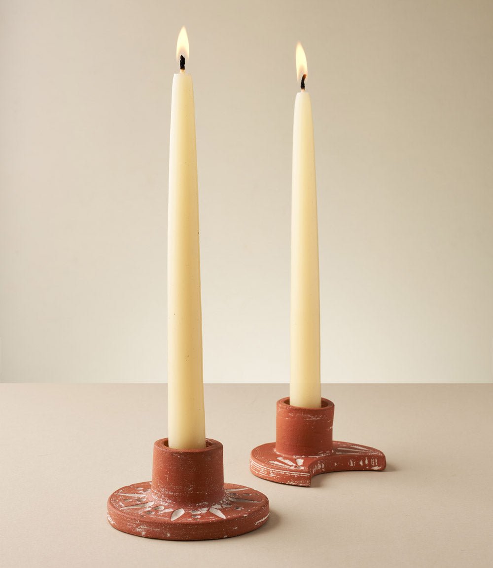 Daksha Crescent Moon Taper Candle Holder - terracotta HME stock line La Vie Bien Daksha Crescent Moon Taper Candle Holder - terracotta