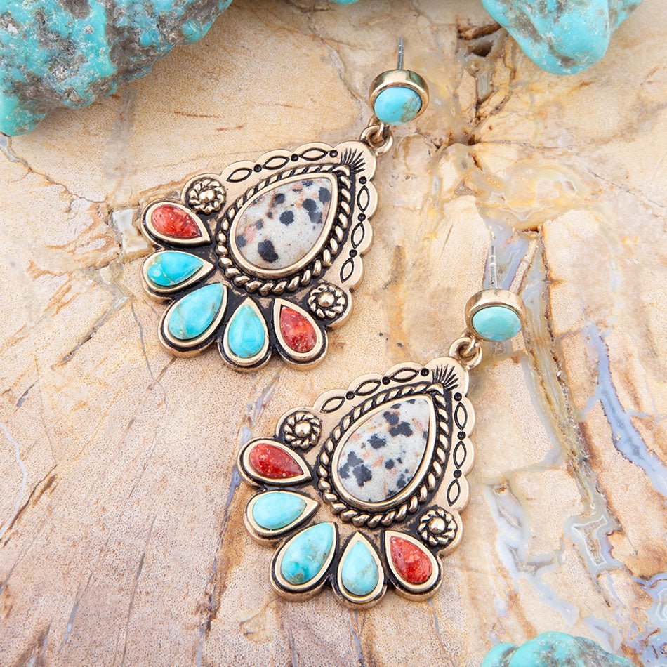 Dalmatian Jasper Colorful Golden Drop Earrings Earrings La Vie Bien Dalmatian Jasper Colorful Golden Drop Earrings