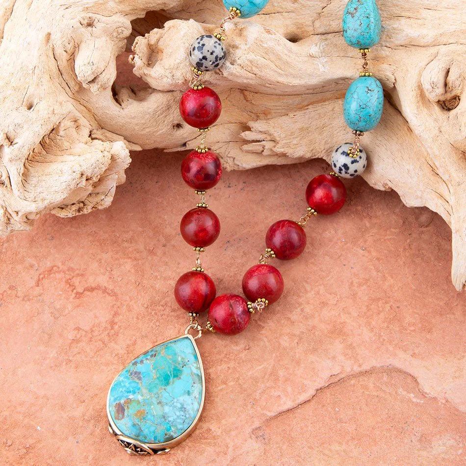 Blue and Red Turquoise Teardrop Golden Necklace by Barse Jewelry