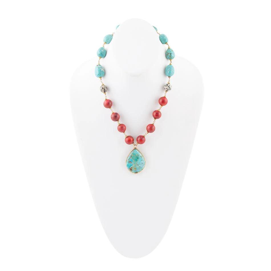 Blue and Red Turquoise Teardrop Golden Necklace by Barse Jewelry