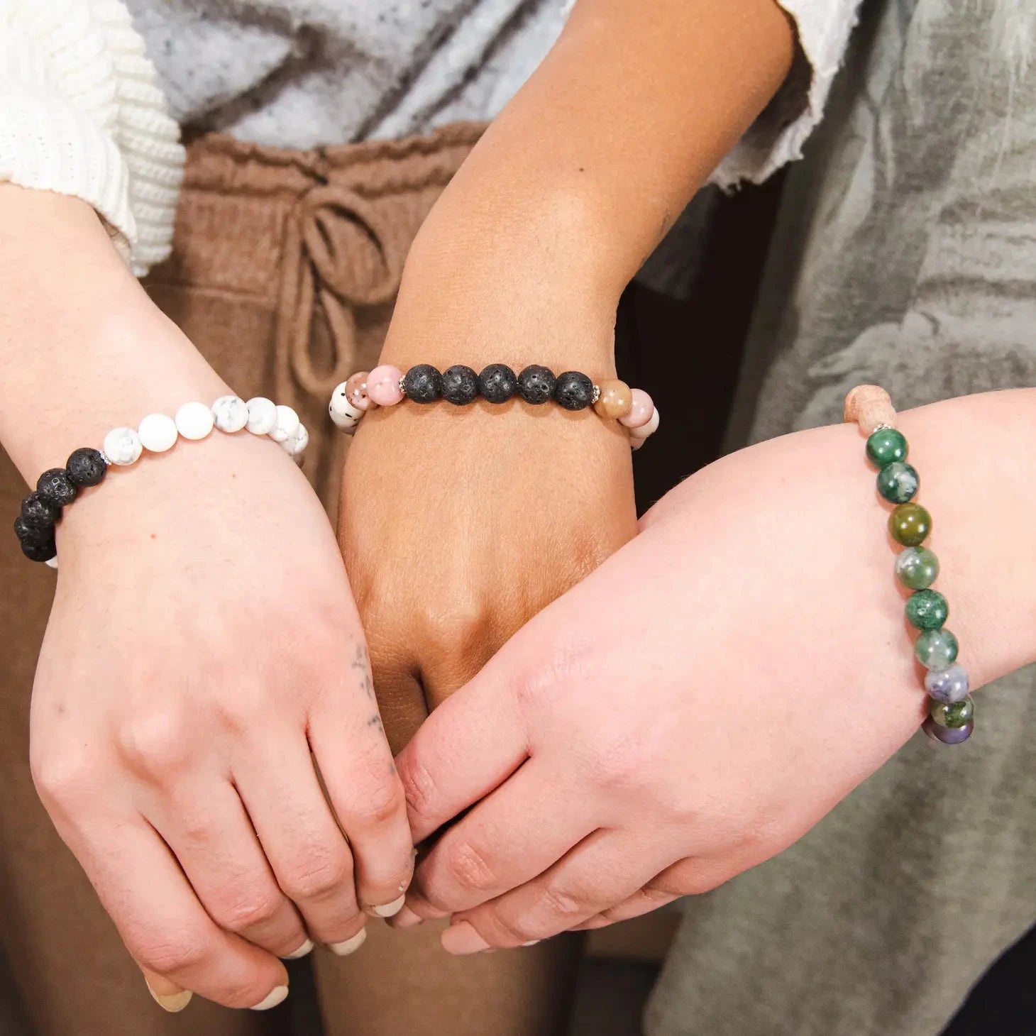Gemstone Diffuser Bracelet - Dalmatian Jade + Pink Rhodonite + Lava Rock by Two Birds Eco Shop