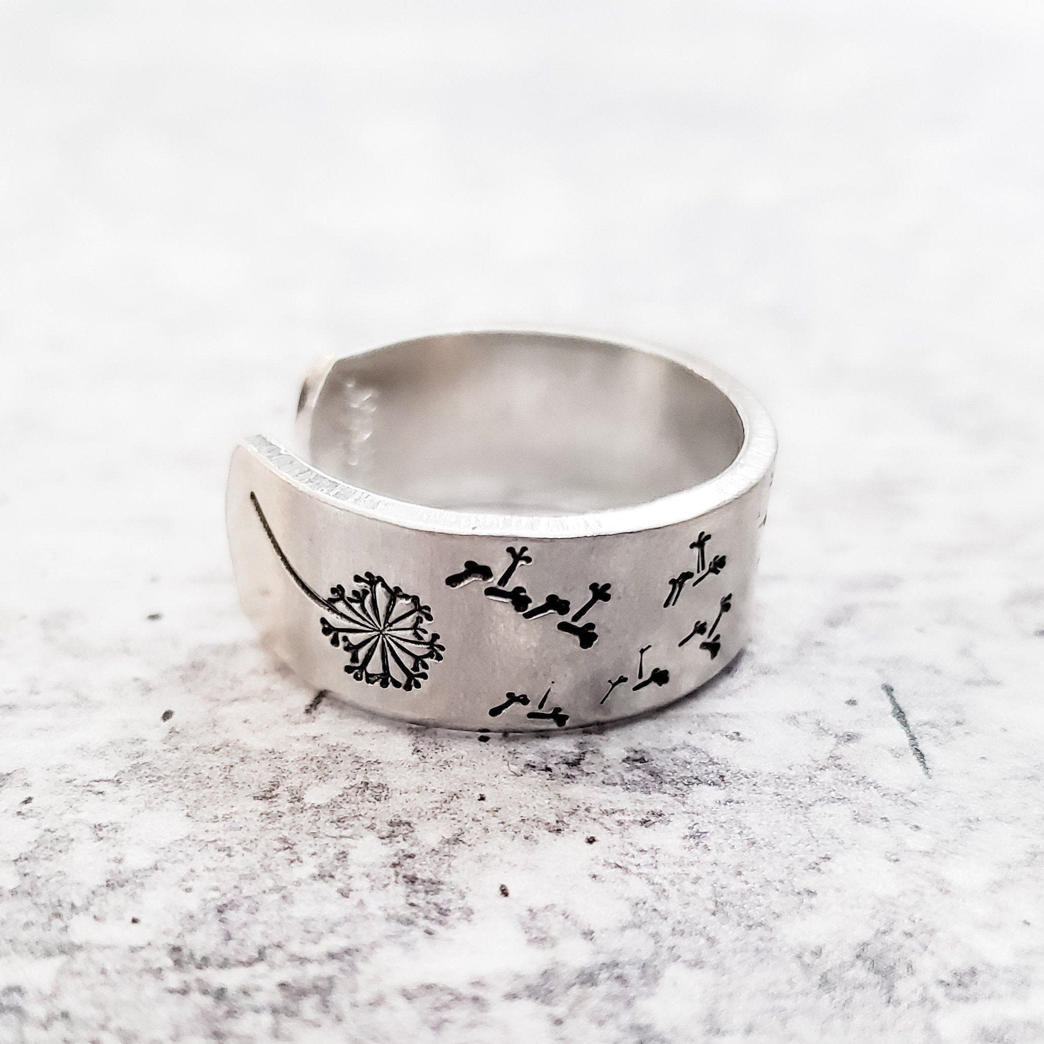 Dandelion Wish Ring – Hand Stamped Sterling Silver Open Band Finger Rings La Vie Bien Dandelion Wish Ring – Hand Stamped Sterling Silver Open Band