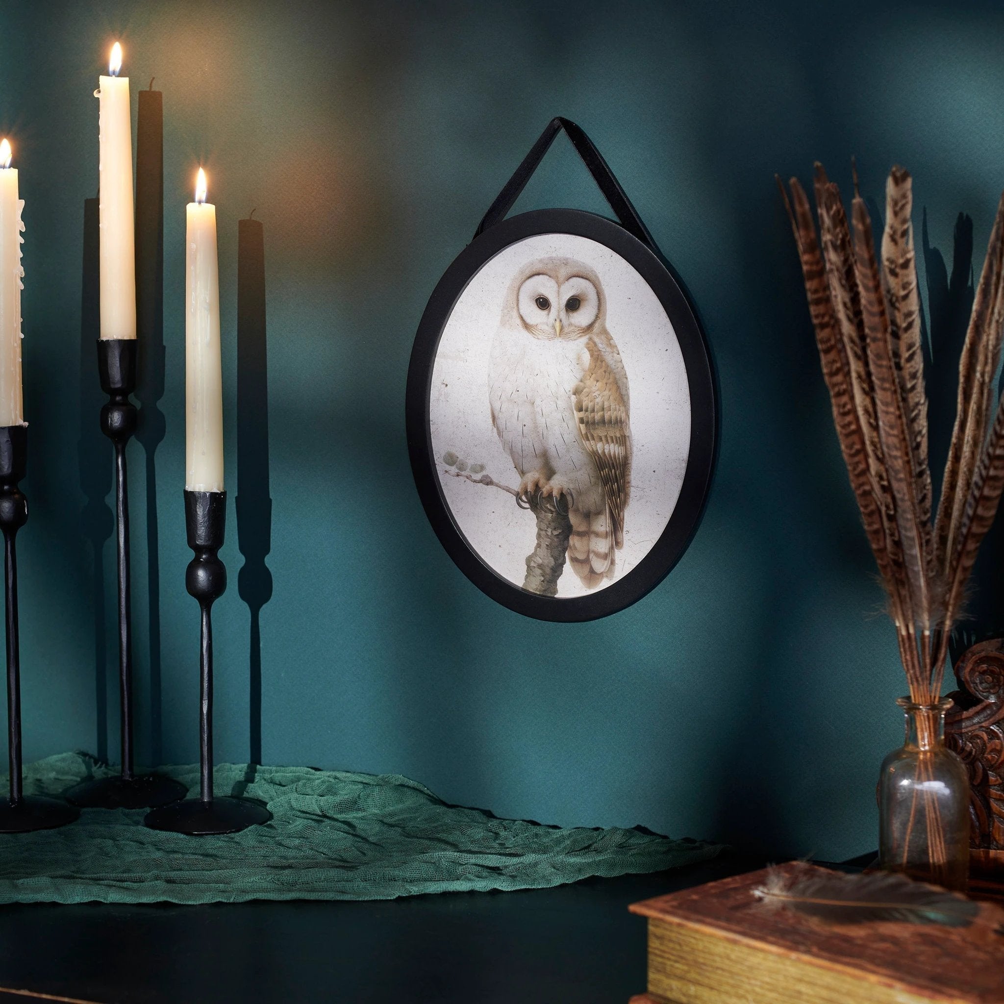 Dark Academia Owl Hanging Decor | Oval Shape Wood Vintage Art Decor | 8" x 10" by The Bullish Store