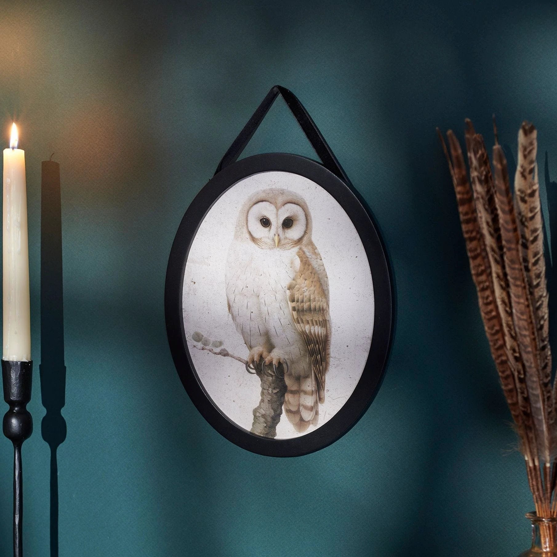 Dark Academia Owl Hanging Decor | Oval Shape Wood Vintage Art Decor | 8" x 10" by The Bullish Store