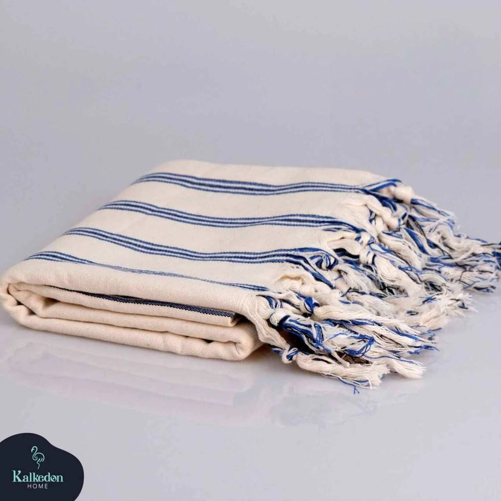 Dark Blue Striped Handwoven Turkish Towel by Kalkedon Towels