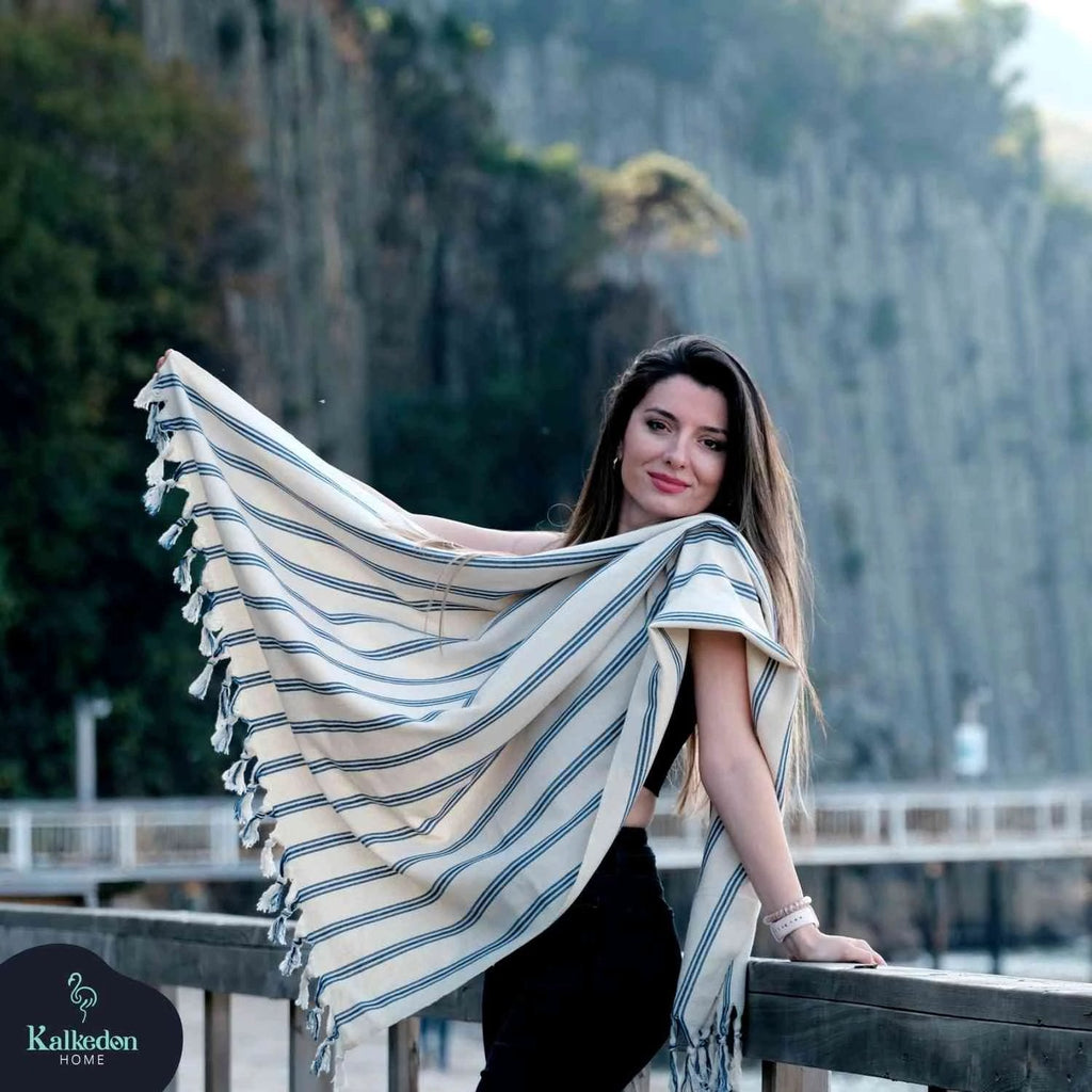 Dark Blue Striped Handwoven Turkish Towel by Kalkedon Towels