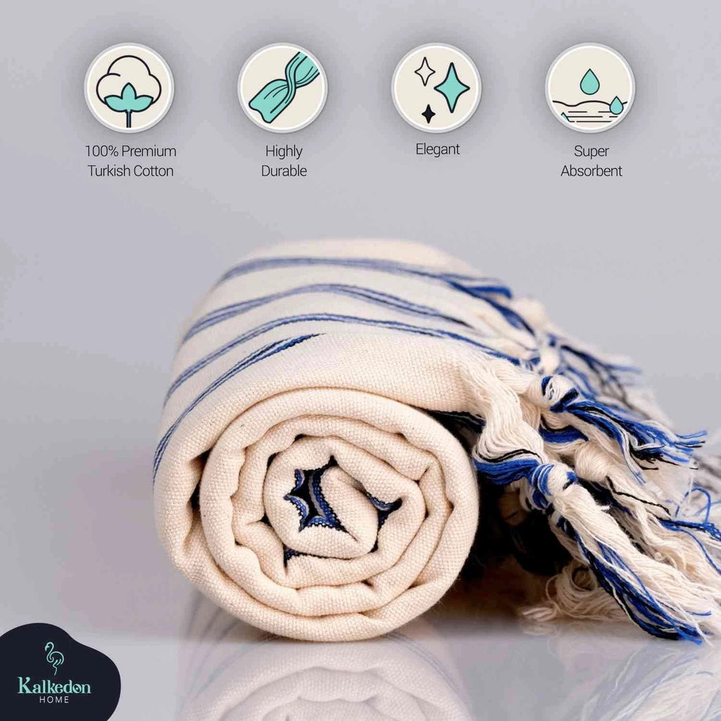 Dark Blue Striped Handwoven Turkish Towel by Kalkedon Towels