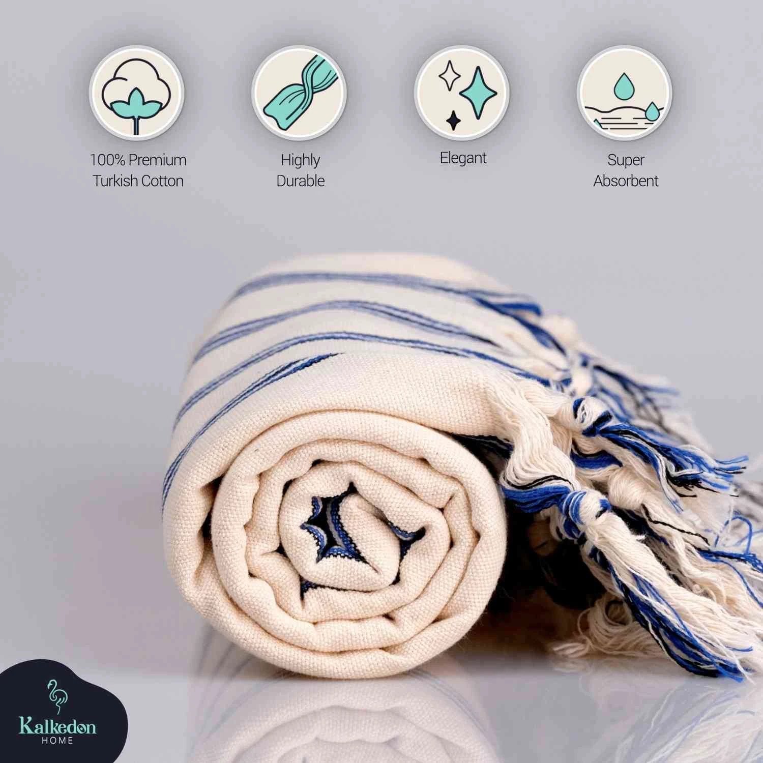 Dark Blue Striped Handwoven Turkish Towel by Kalkedon Towels