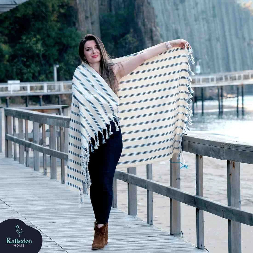Dark Blue Striped Handwoven Turkish Towel by Kalkedon Towels