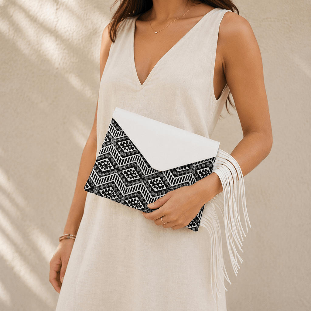 Darma Embroidered Clutch with Leather Fringe - Thailand Bags La Vie Bien Darma Embroidered Clutch with Leather Fringe - Thailand