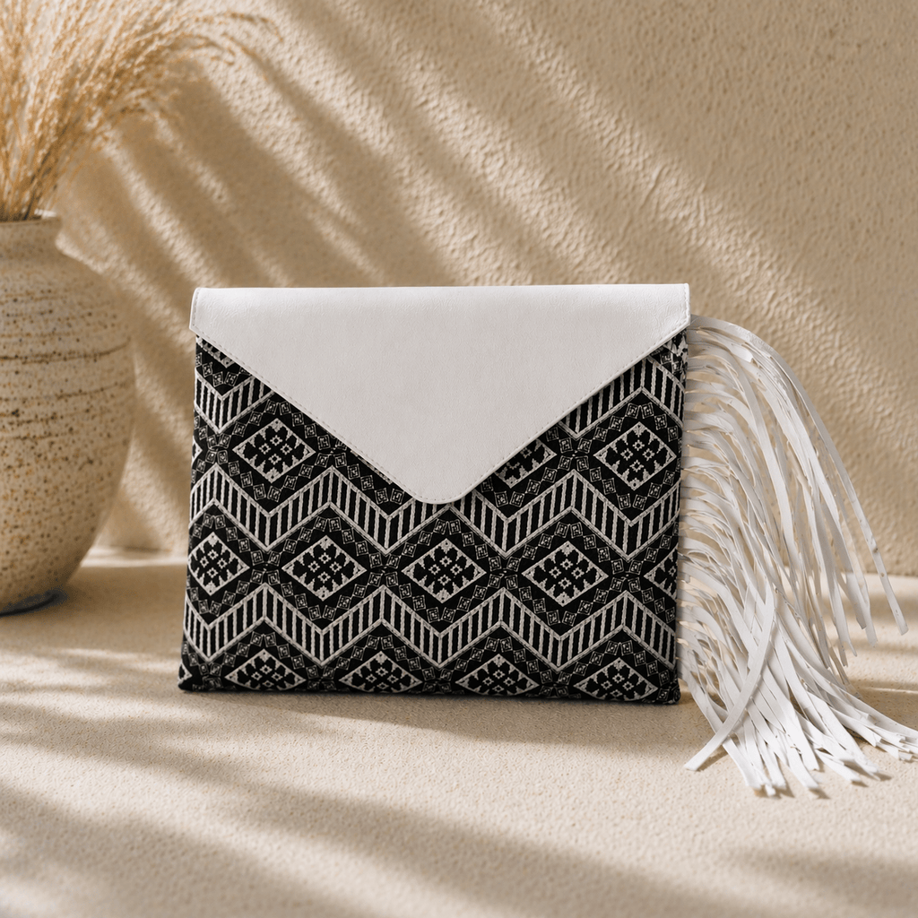Darma Embroidered Clutch with Leather Fringe - Thailand Bags La Vie Bien Darma Embroidered Clutch with Leather Fringe - Thailand