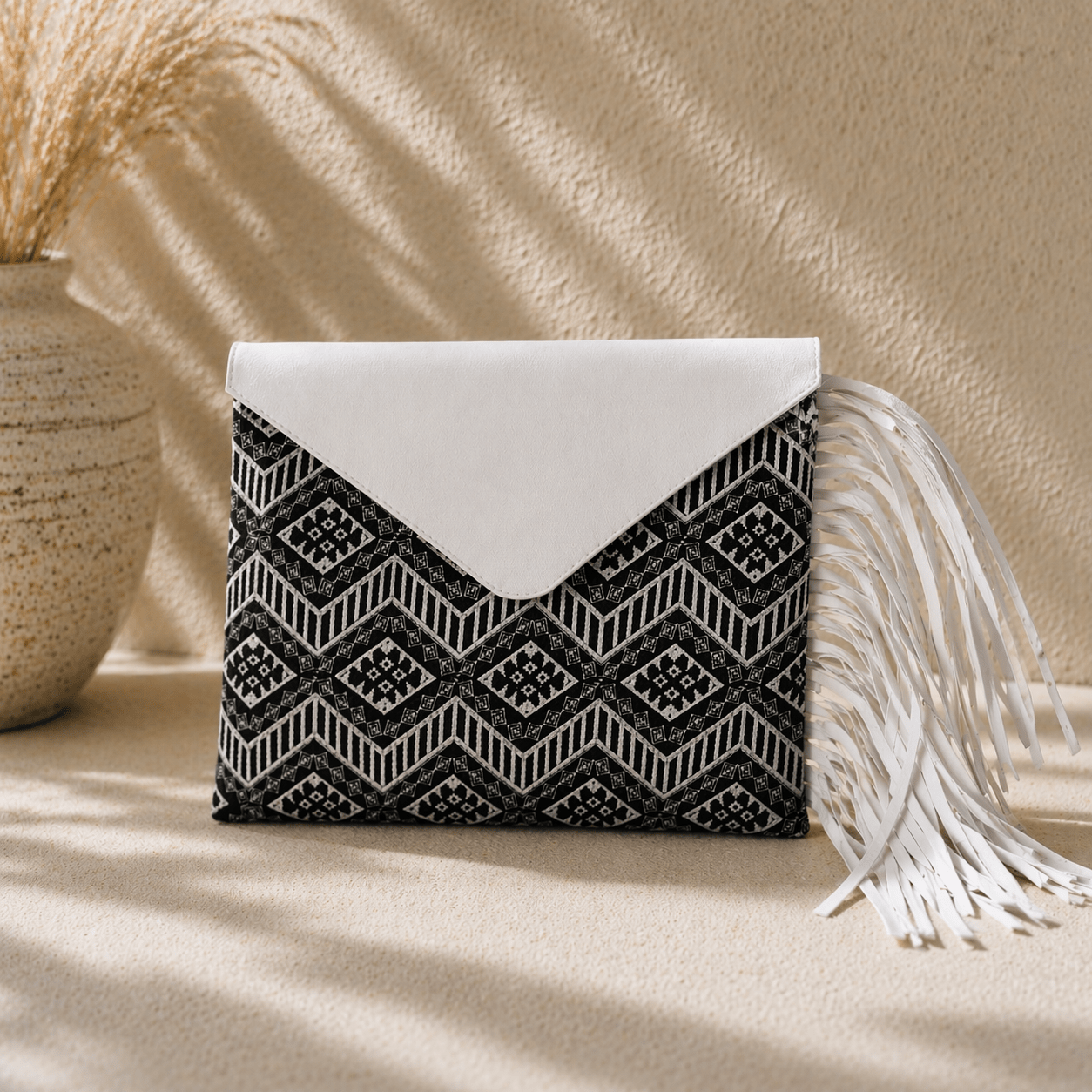 Darma Embroidered Clutch with Leather Fringe - Thailand Bags La Vie Bien Darma Embroidered Clutch with Leather Fringe - Thailand