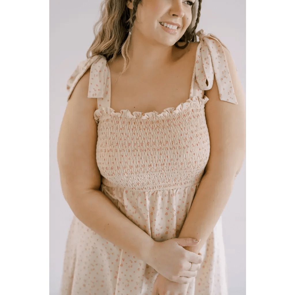 Day Dress with Shoulder Ties and Smocked Bodice