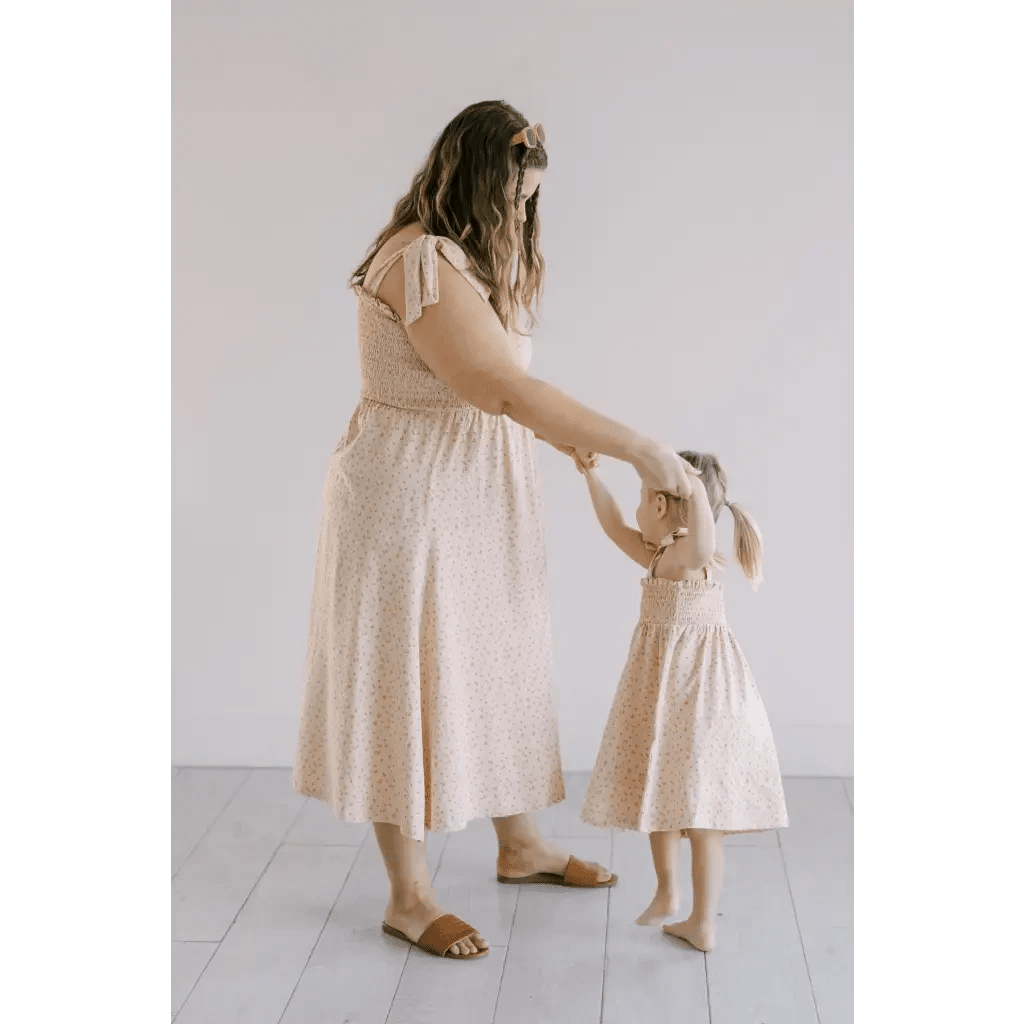 Day Dress with Shoulder Ties and Smocked Bodice