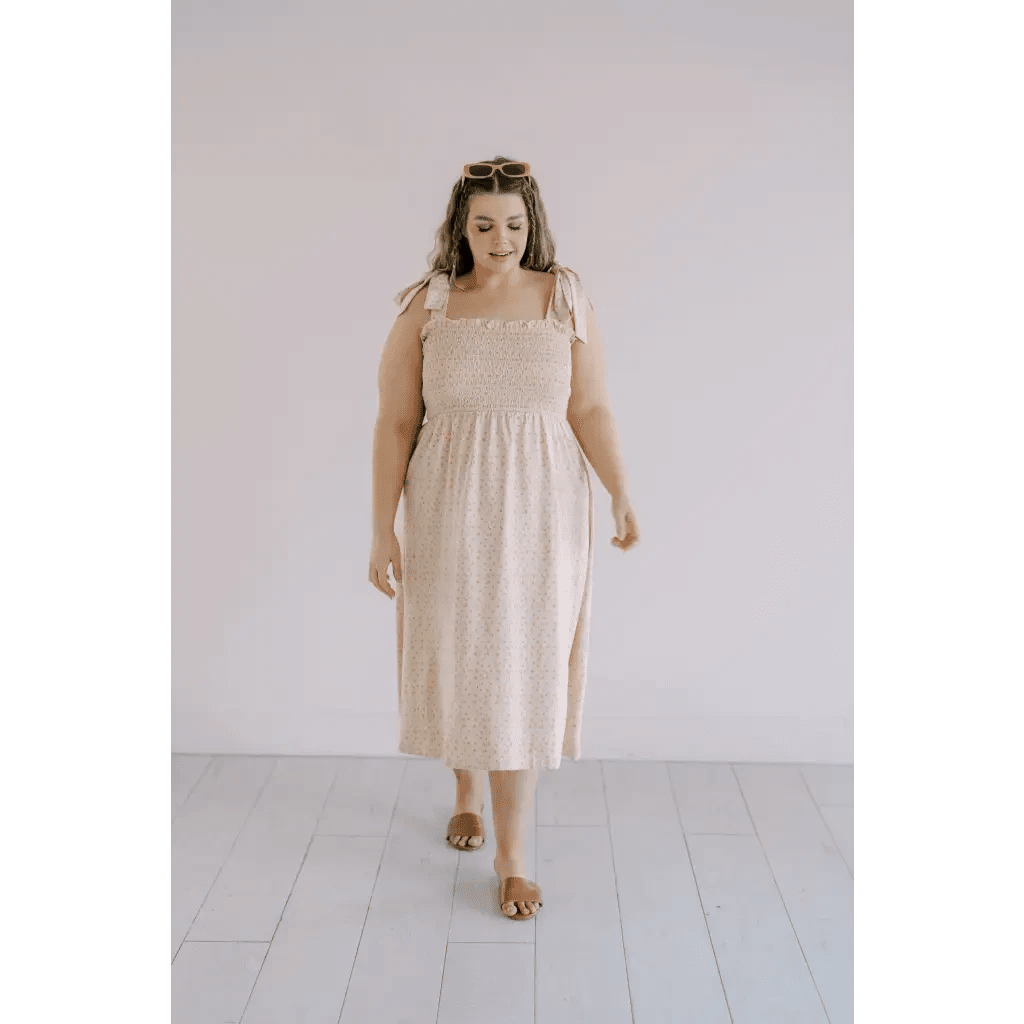 Day Dress with Shoulder Ties and Smocked Bodice