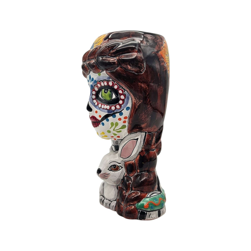 Day of the Dead Lady & Bunny Planter | Hand-Painted Talavera Pot