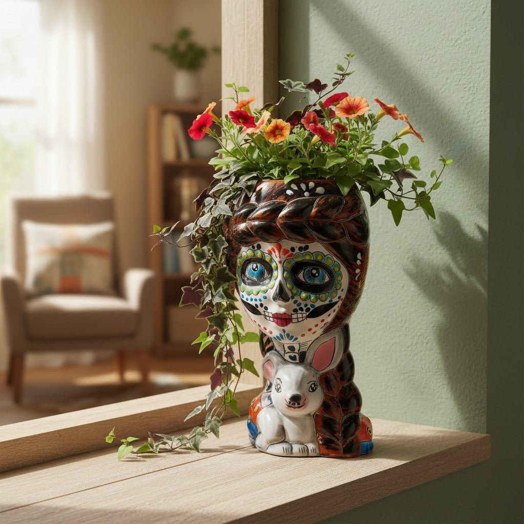 Day of the Dead Lady & Bunny Planter | Hand-Painted Talavera Pot Talavera Planter La Vie Bien Day of the Dead Lady & Bunny Planter | Hand-Painted Talavera Pot