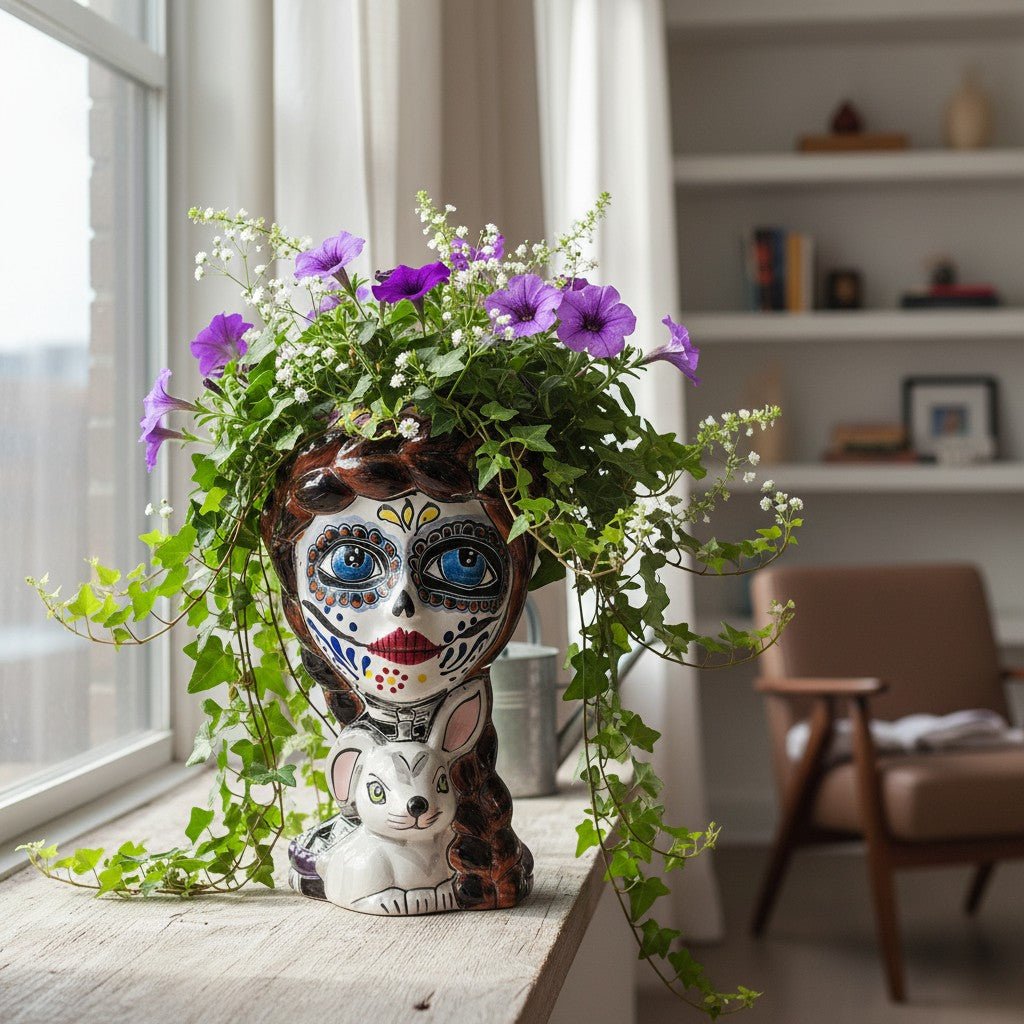 Day of the Dead Lady & Bunny Planter | Hand-Painted Talavera Pot Talavera Planter La Vie Bien Day of the Dead Lady & Bunny Planter | Hand-Painted Talavera Pot