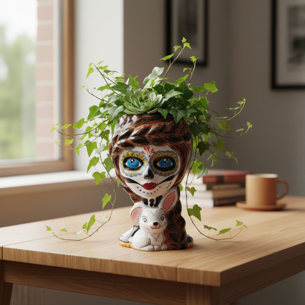 Day of the Dead Lady & Bunny Planter | Hand-Painted Talavera Pot Talavera Planter La Vie Bien Day of the Dead Lady & Bunny Planter | Hand-Painted Talavera Pot