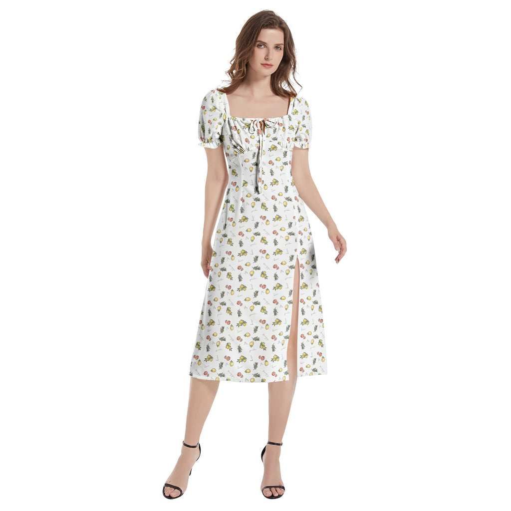 Italian cooking Puff Sleeve Split Thigh Midi Dress - White patterned summer dress