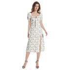 Italian cooking Puff Sleeve Split Thigh Midi Dress - White patterned summer dress