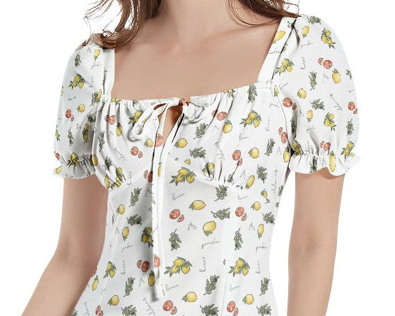 Italian cooking Puff Sleeve Split Thigh Midi Dress - White patterned summer dress