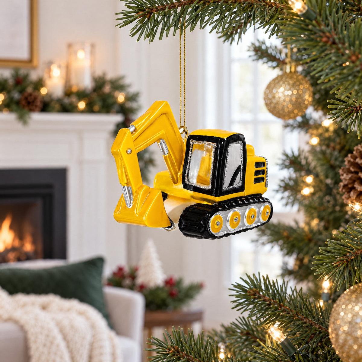 Excavator Construction Vehicle with Working Arm Glass Christmas Ornament