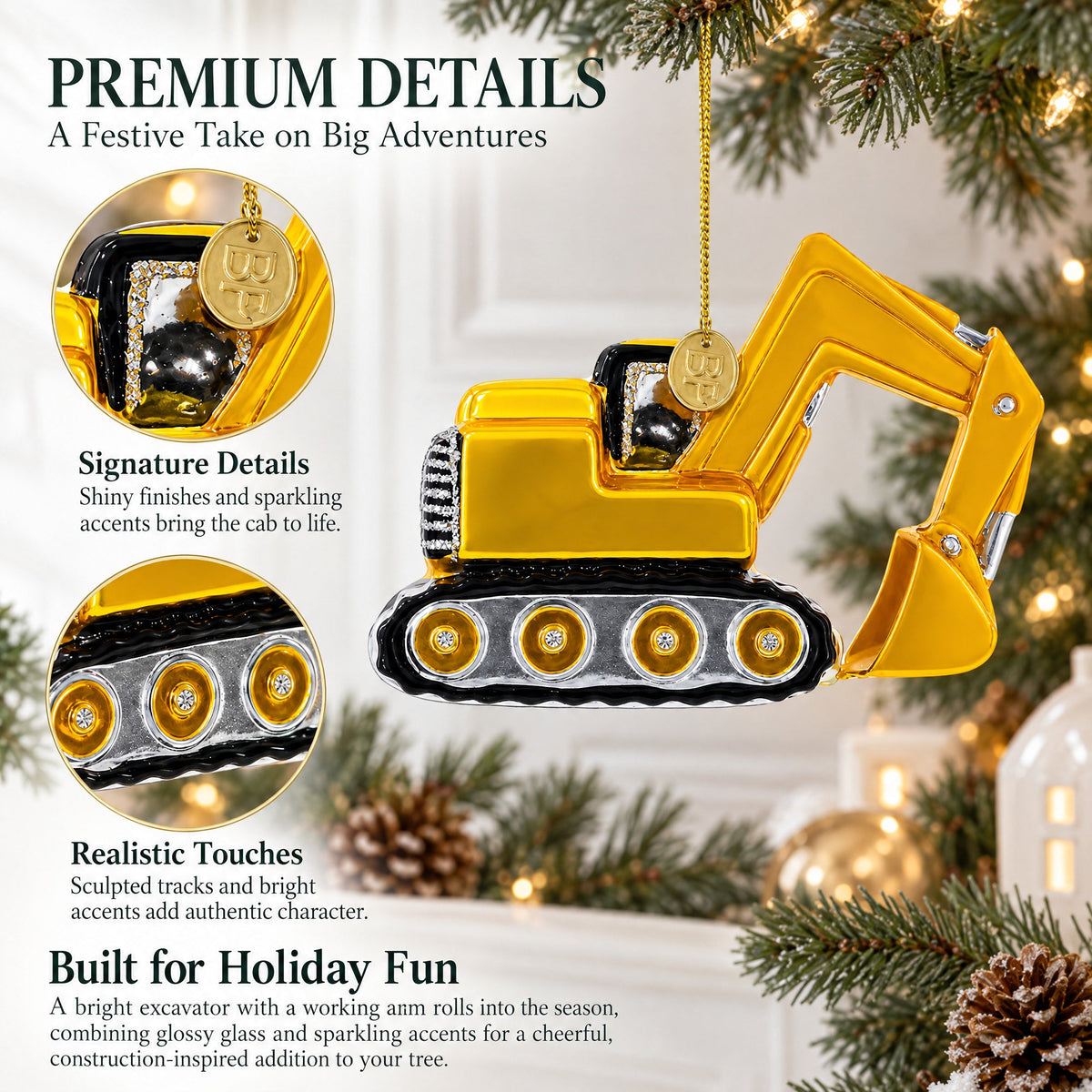 Excavator Construction Vehicle with Working Arm Glass Christmas Ornament